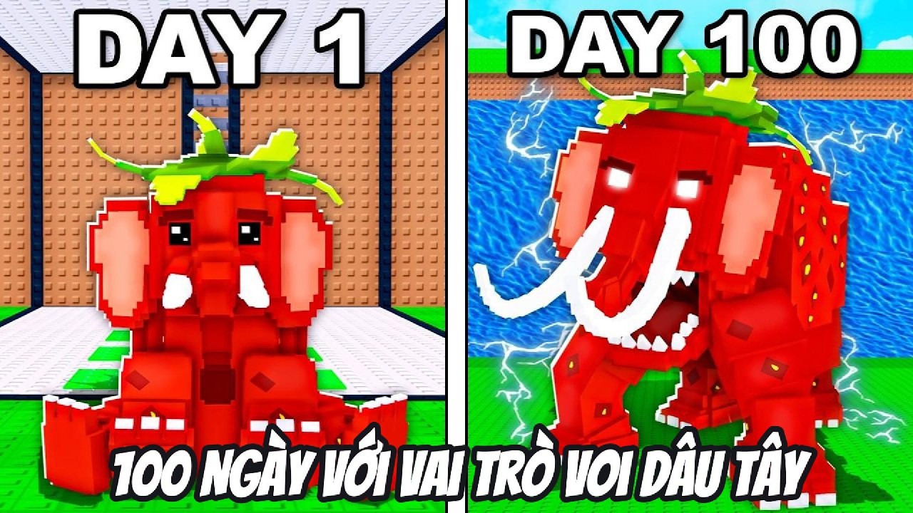 Tôi Sống Sót 100 Ngày Với Vai Trò Voi Dâu Tây Trong Escape Tsunami...