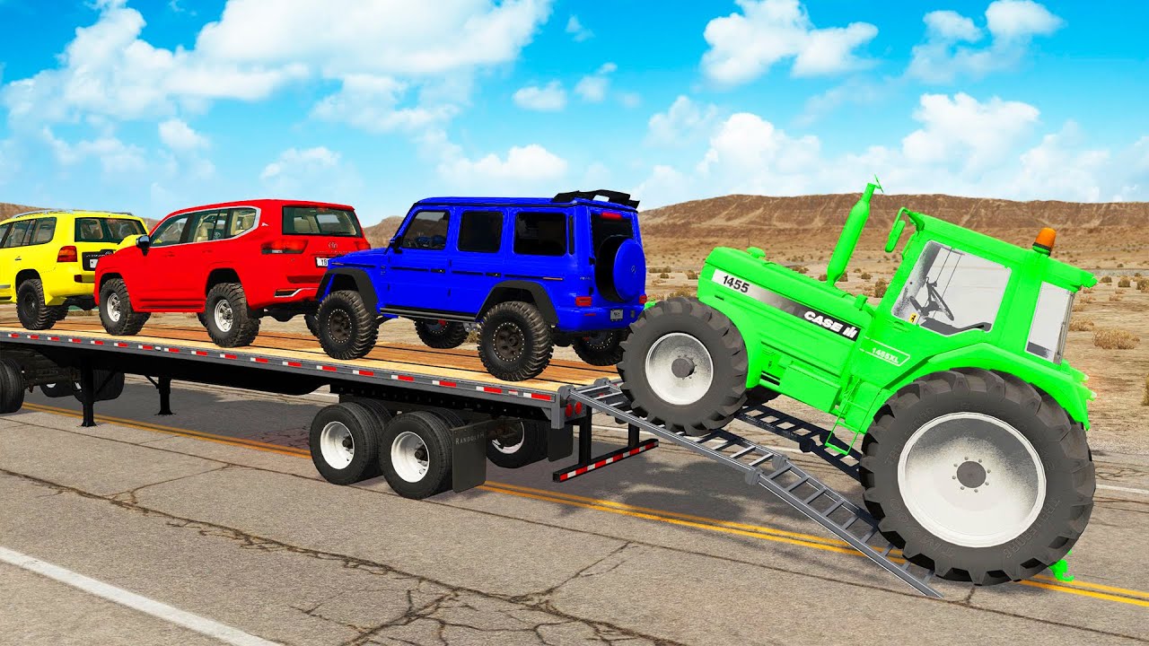 TRANSPORTING PIXAR CARS & FRUITS WITH COLORED & JOHN DEERE vs CLAAS vs TRACTORS - BeamNG.drive 