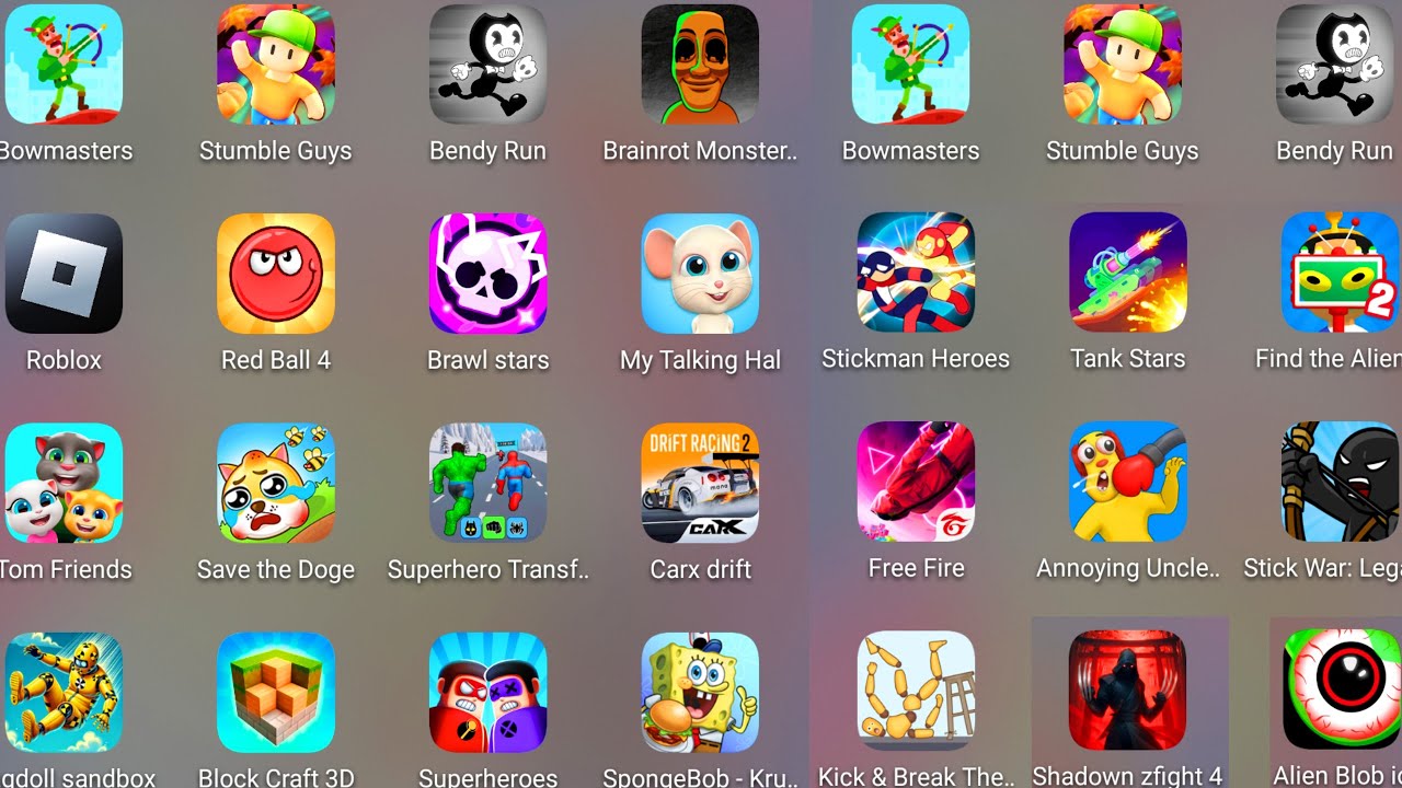 Bowmasters,Annoying Uncle,Stumble Guys,Block Craft 3D,Bendy Run,Ragdoll Sandbox 3D,Red Ball 4.......