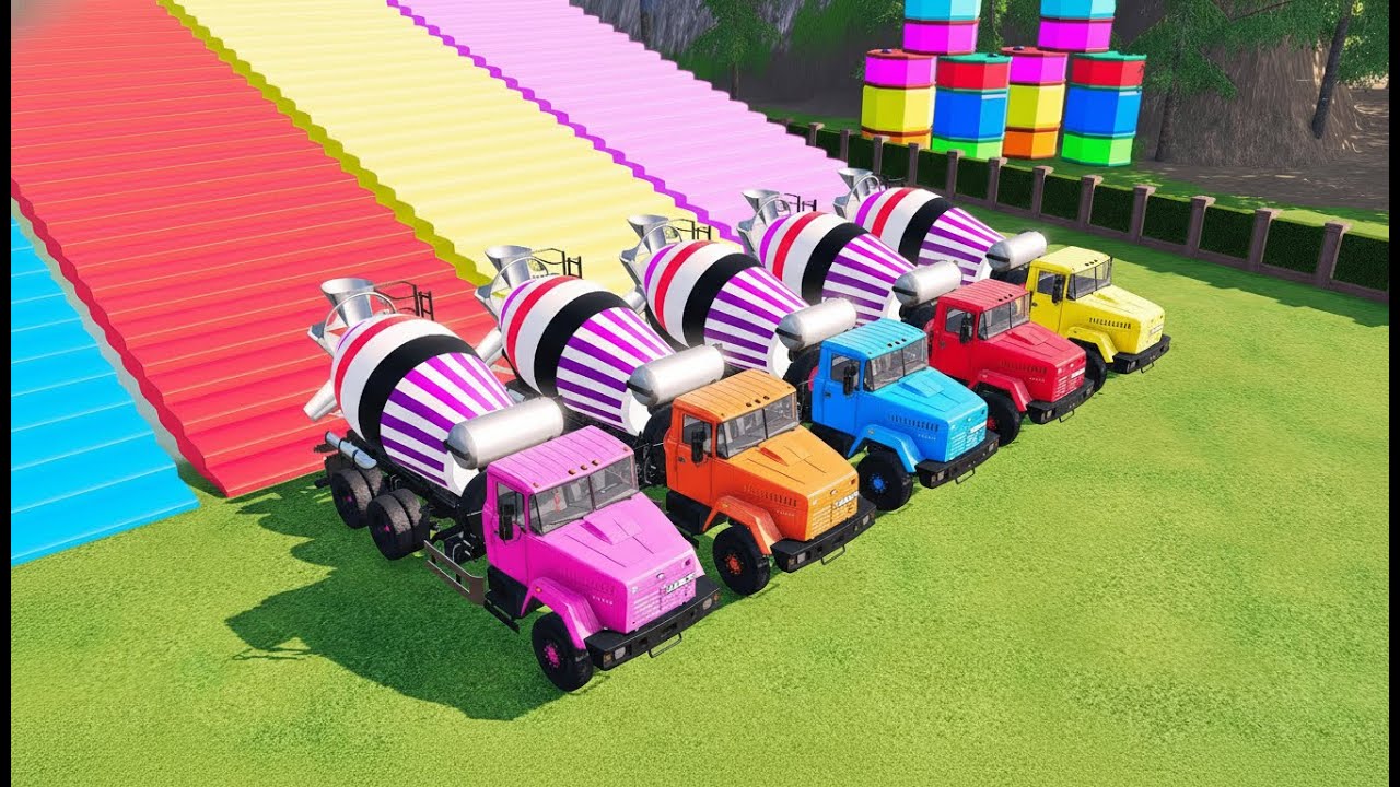DOUBLE FLATBED TRAILER TRUCKS IN GARAGE WITH COLORS 🌈 SUPER SATISFYING #farmingsimulator22