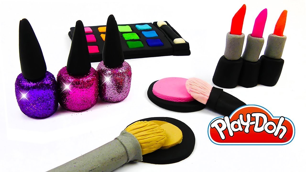 DIY Making Play Doh Makeup Set with Glitter Eyeshadow, Lipstick and Nail Polish