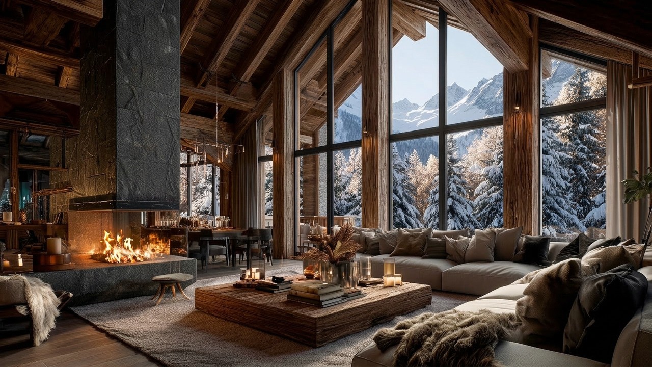 Luxury Mountain Cabin with Fireplace | Real Crackling Fire Sounds | 4K | 3 Hours