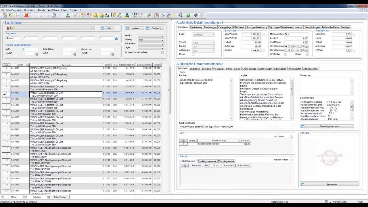 STREIT SHK Software: Artikeldaten bearbeiten
