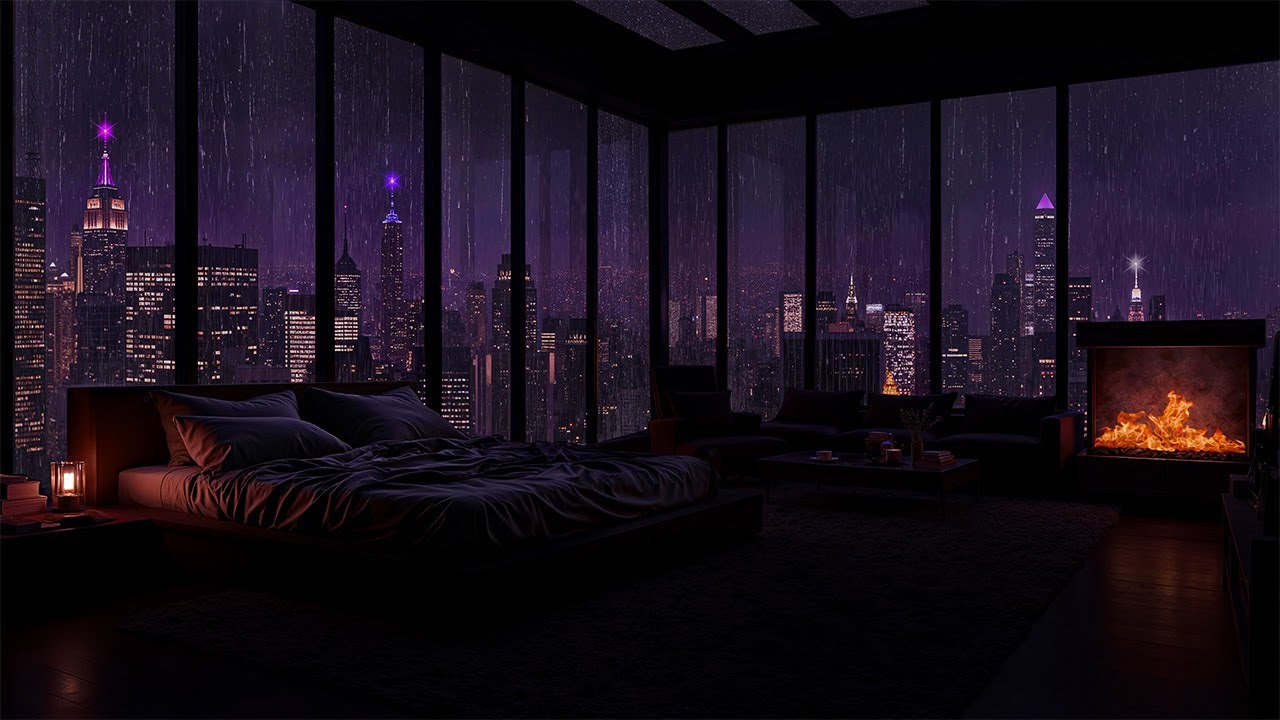 Midnight Rain in the City 🌙 | Calm Piano & Fireplace Ambience for Sleep & Focus