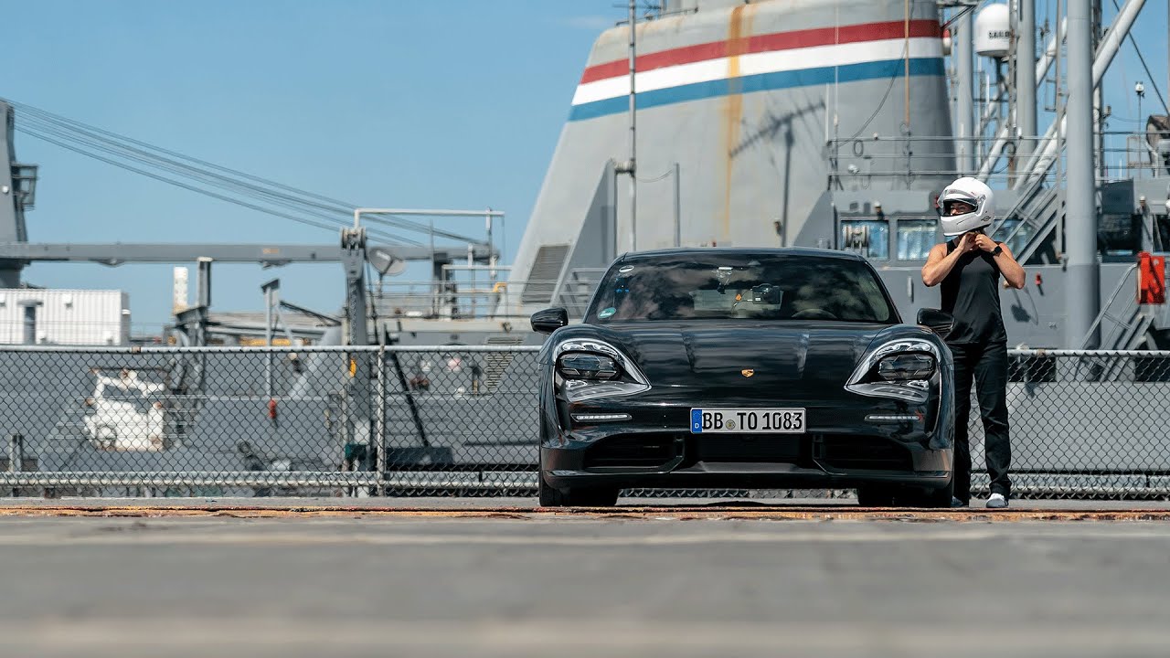 The fully electric Porsche Taycan accelerates 0-90-0 mph on the USS Hornet