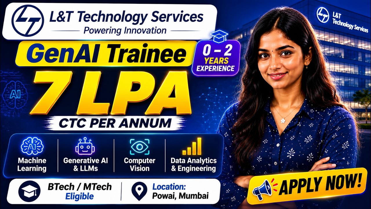 L&T Hiring 2026 | GenAI Trainee | AI/ML & Computer Vision | 0&ndash;2 Years | BTech/MTech