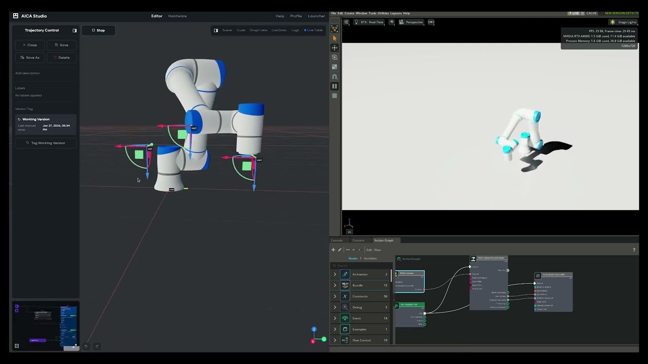 Using NVIDIA Isaac Sim in AICA Studio (ROS 2 OmniGraph nodes)