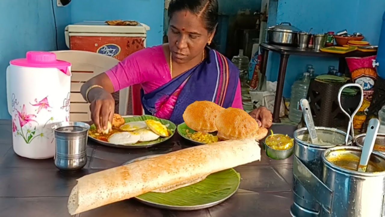Street food South Indian special idli-sambar, Poori-potato masala, dosa-chutney eating in hotel