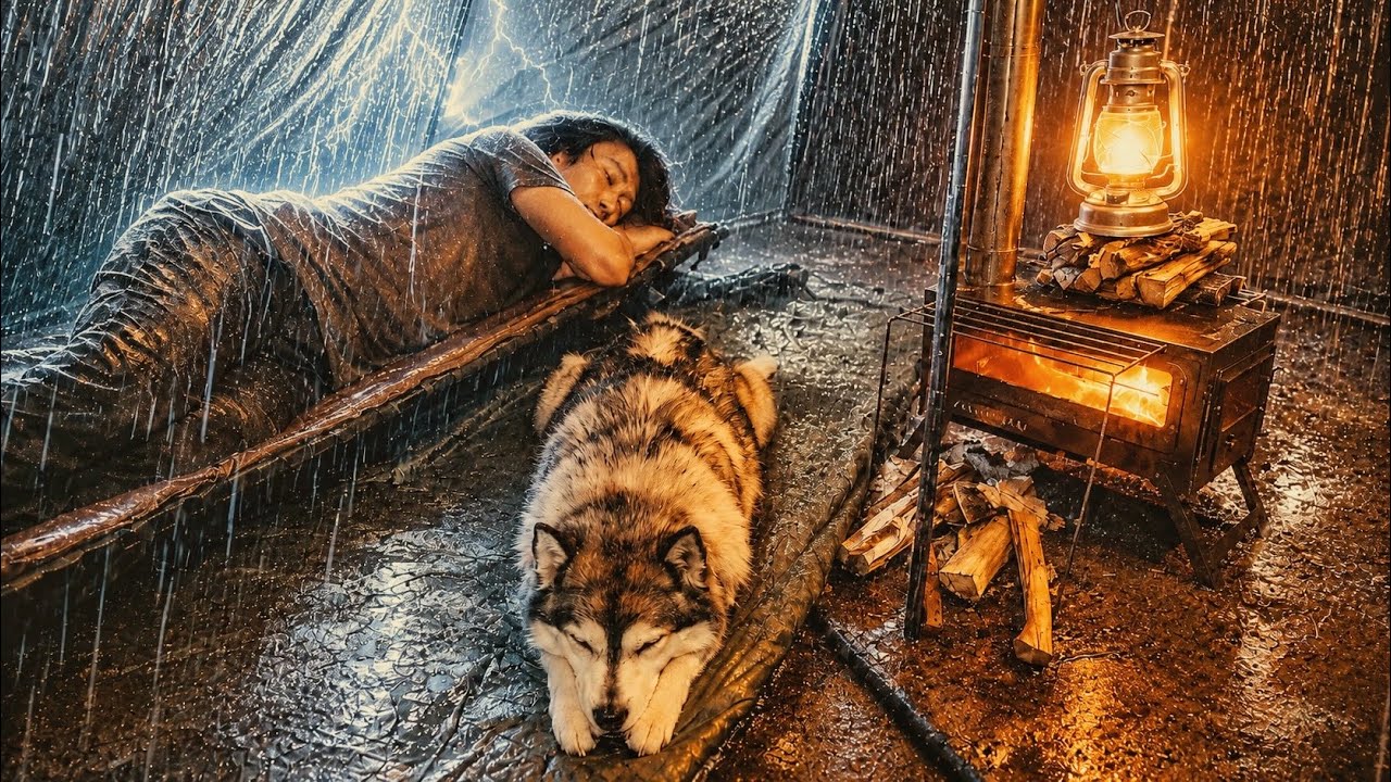 Hot Tent Camping in Heavy Rain All Day! Caught in a Rainstorm With My Dog