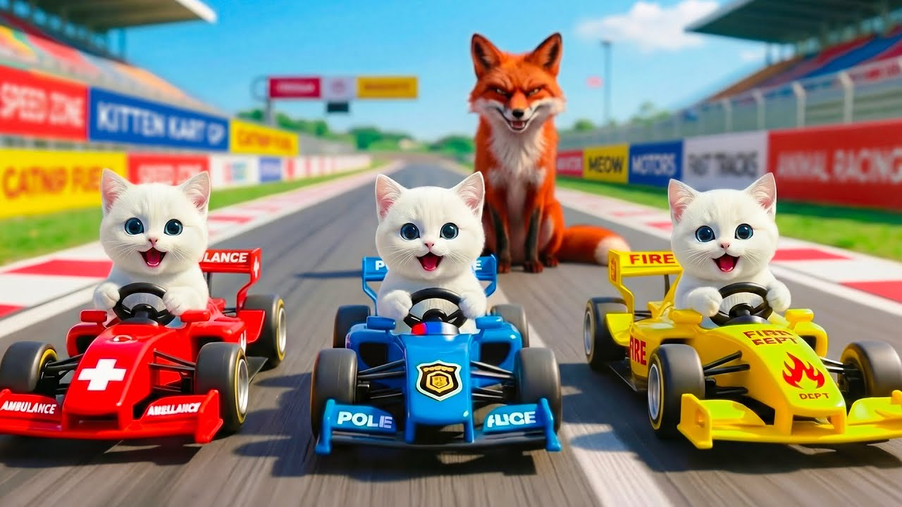 Mama Cat & Kittens Police Car Rescue Chicken from Fox | Funny Animals