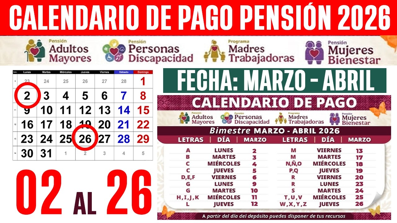📢 CALENDARIO DE PAGO Pensi&oacute;n Adultos Mayores y Mujeres 60-64 💸 MARZO 2026 Letra por Letra 02 al 26