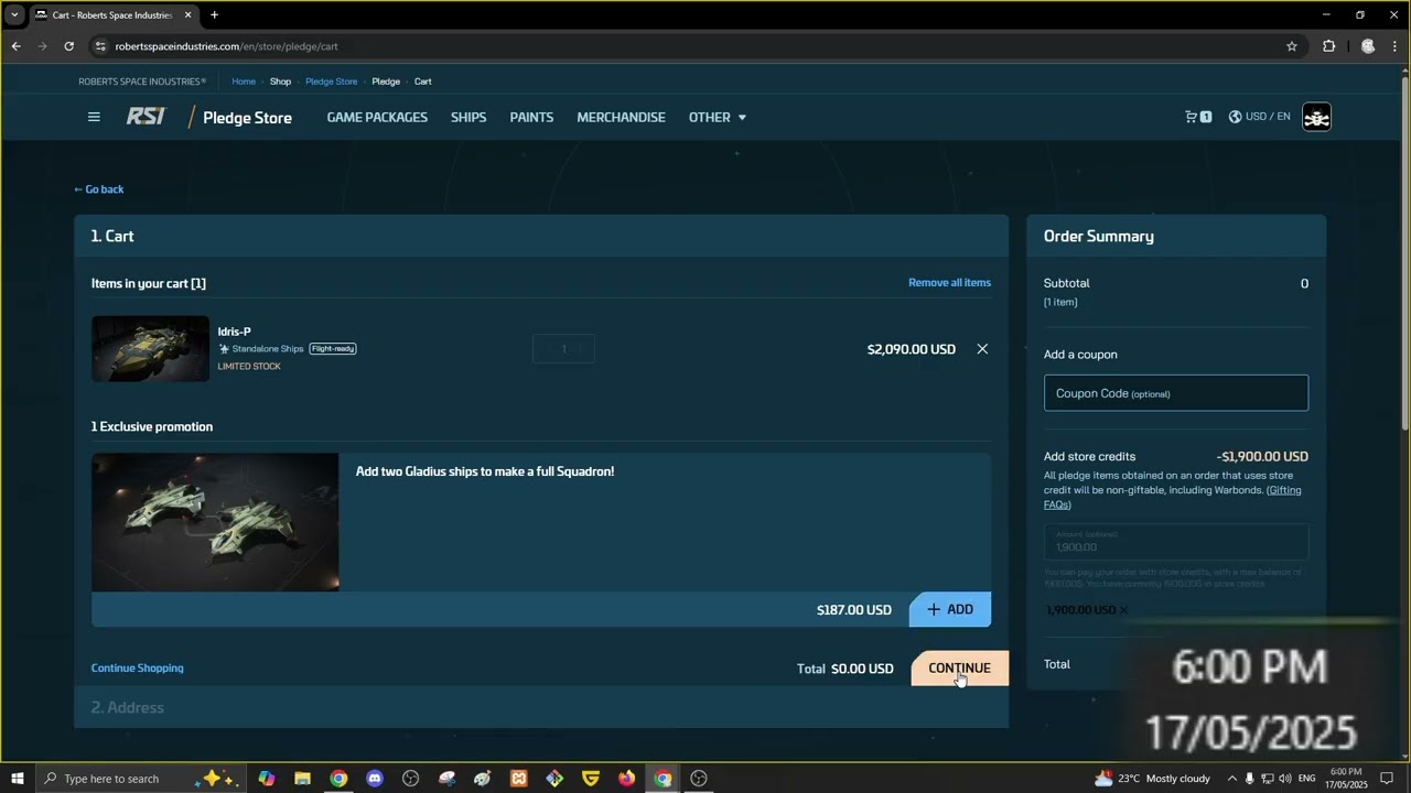 Gone in less than 30 seconds - Attempting to buy an Idris-P with store credit lol - #starcitizen