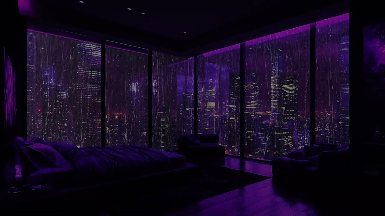 Rainy Night in a Luxury NYC Apartment – Purple Neon Bedroom & Deep Rain Sounds