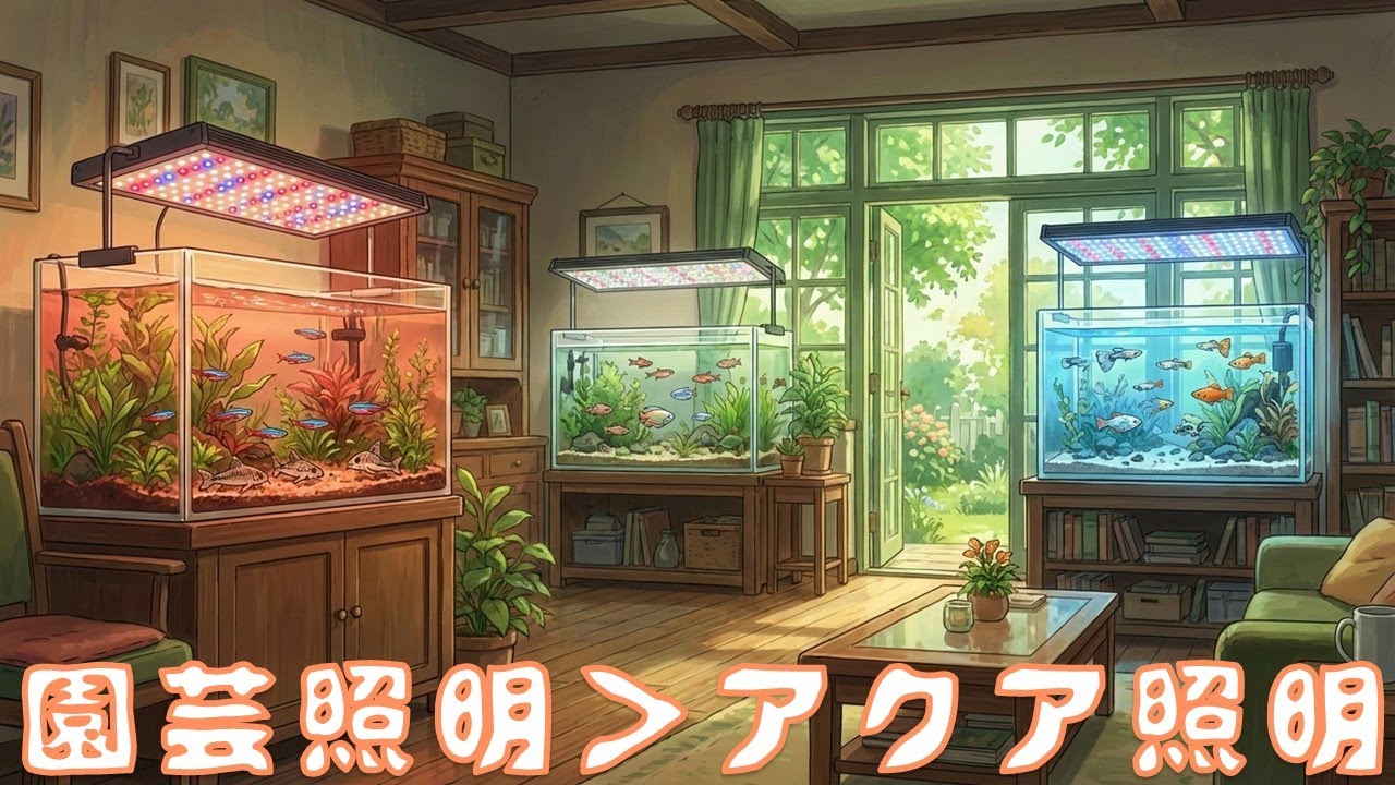 暗い照明(中編)。アクアリウム照明よりも園芸照明が良い理由を解説します。点ではなく面の光と影。拡散テープとPPシート及び、水に吸収される波長を水底へ、窓際の直射日光問題【ふぶきテトラ】