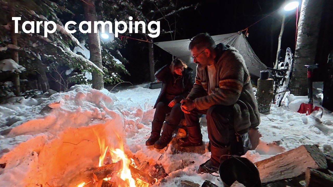 Winter Camping couple | Tarp Shelter Build & Bushcraft Cooking