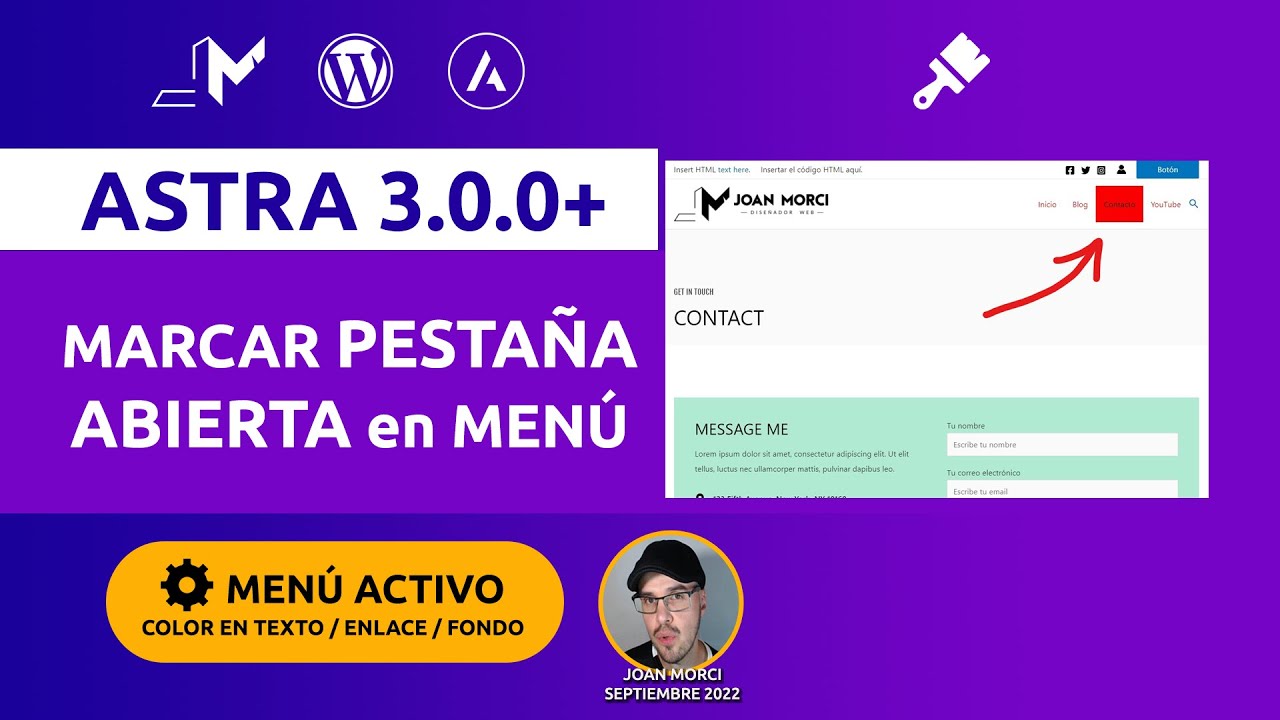 WordPress: Astra. Marcar 📌 Pestaña Abierta del Menú