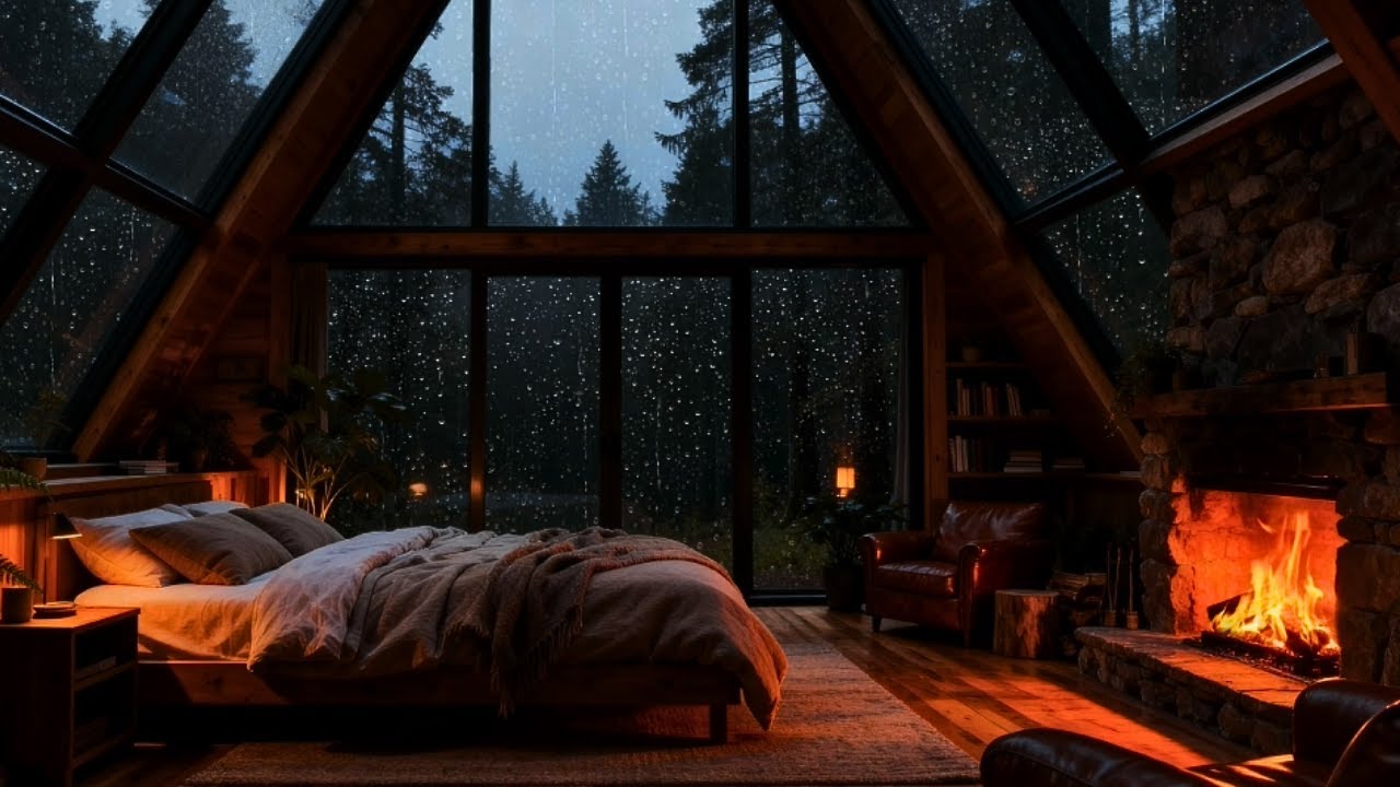 🔴 Cozy Cabin Heavy Rain 24/7 | 🌧️ Rain Sounds & Crackling Fireplace 🔥