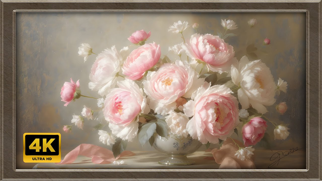 4K White Peonies Painting | Art Framed Screensaver | Art for Your TV