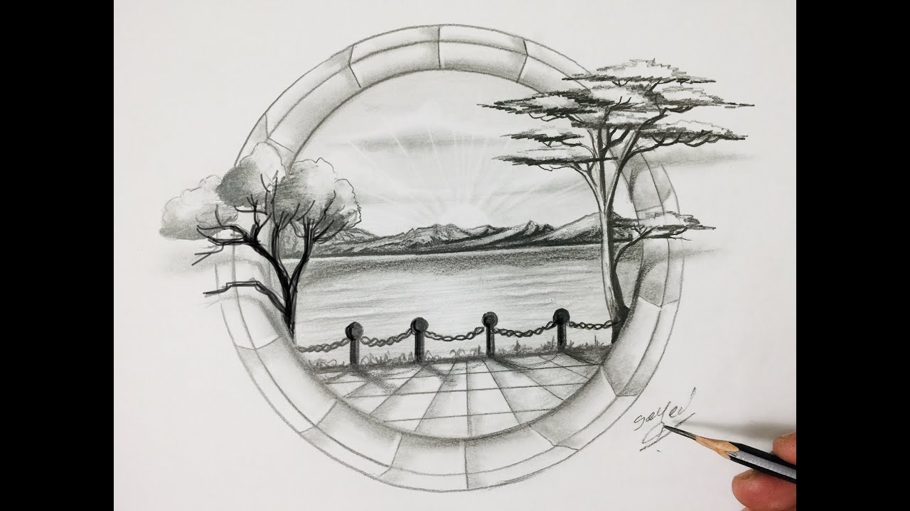 رسم منظر طبيعي ثري دي بالقلم الرصاص/ رسم سهل / رسم ثلاثي الابعاد