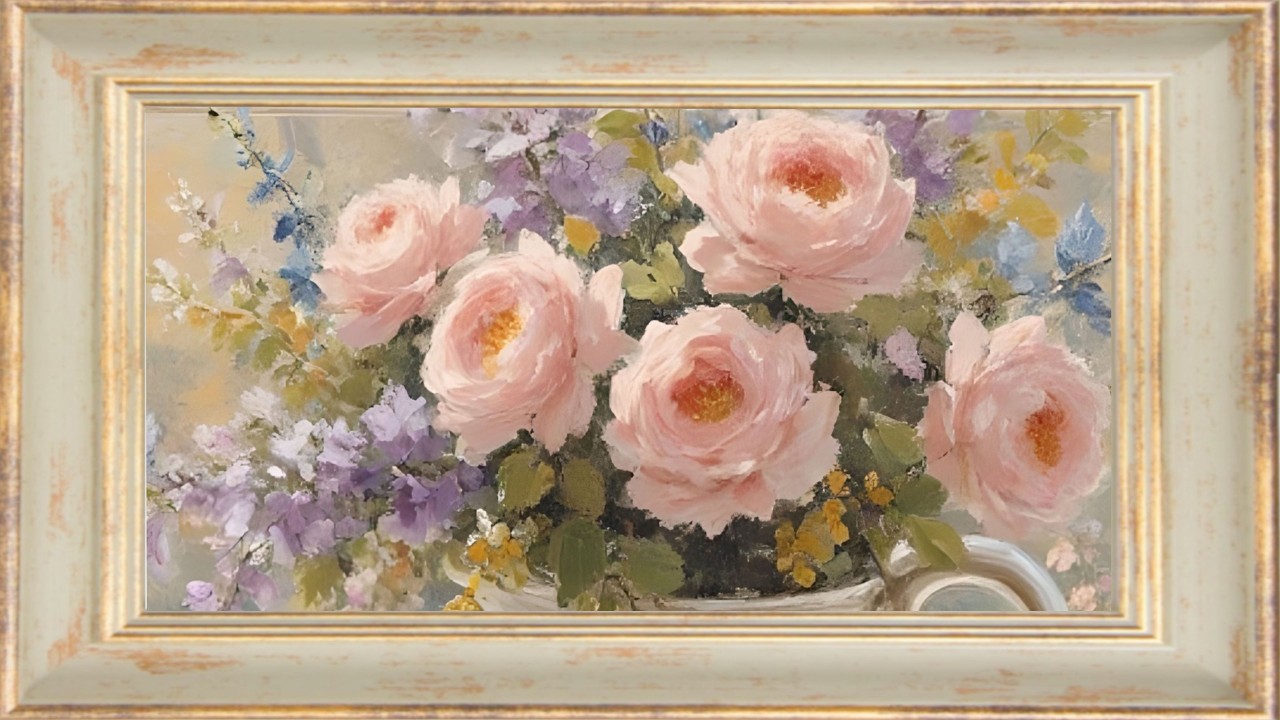 Pink Impressionist Roses | Floral 4K | Painting Screensaver | Gold Frame TV Art | 1 Scene, 2 Hours