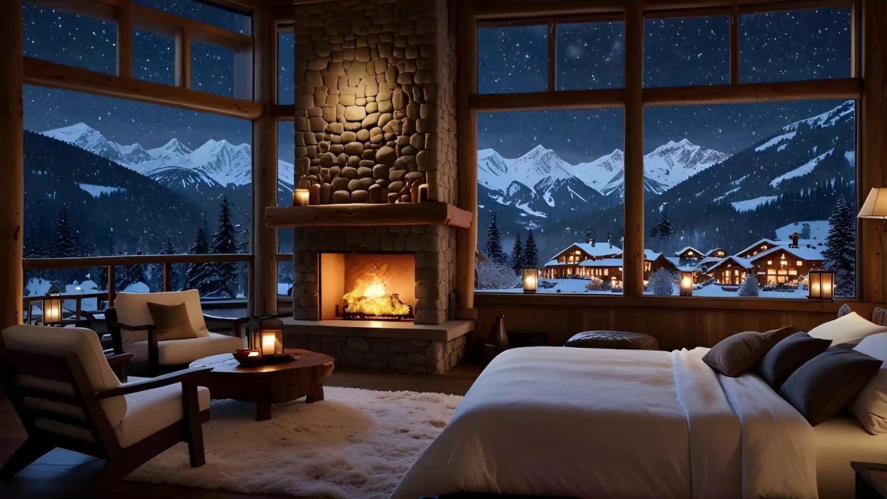 Relaxing Jazz in Cozy Winter Cottage Ambience ☕ Blizzard, Howling Wind & Fireplace Sounds for Sleep
