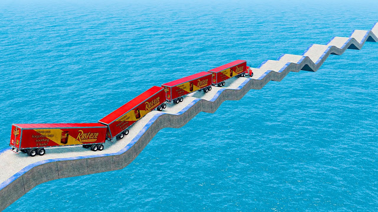Too Much FUEL Trailers Mack Truck vs Impossible Wave Bridge Crossing Cars Vs Deep Water -BeamNGDrive