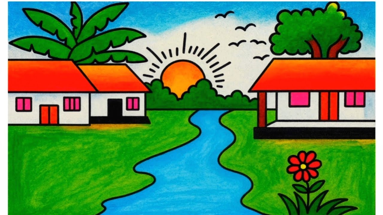 Simple village scenery drawing/How to draw village scenery/Koushole Deisso aka sikhun/Easy Technique
