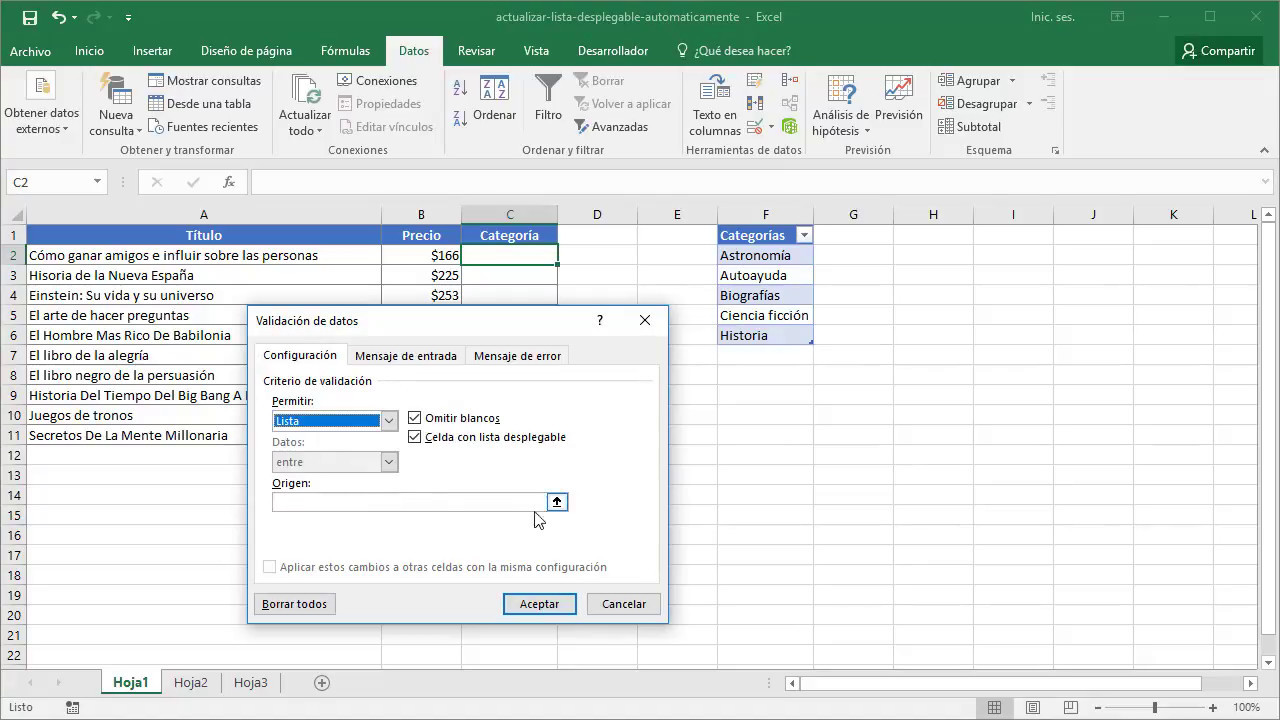 Actualizar lista desplegable autom&aacute;ticamente en Excel