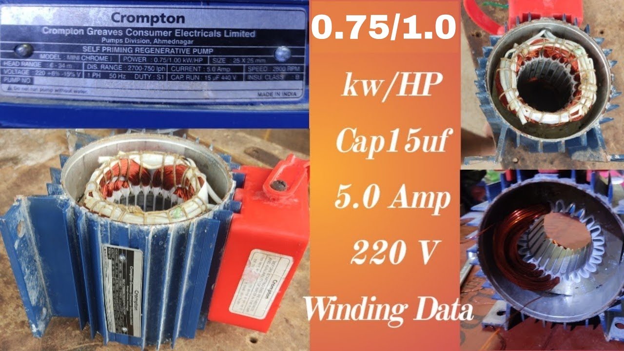 1HP  Crompton company Motor winding Data  0.75/1.00 kw/HP Cap15uf 5.0 Amp 220V Winding Data