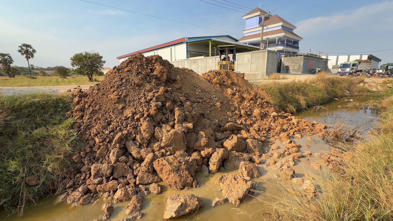 Just New Project!! Skilled Work with KOMATSU D20P Dozer and 6-Wheel Dump Trucks Filling Flooded Land