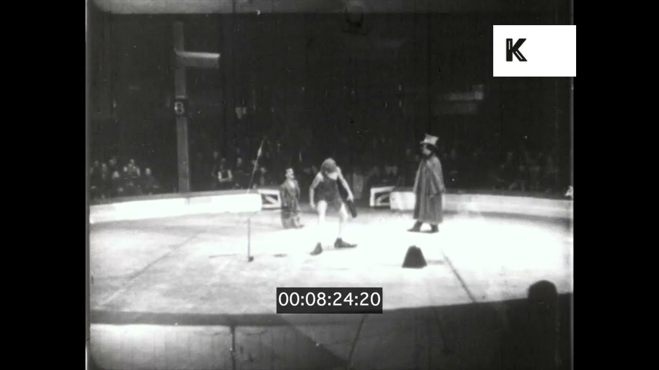 1940s UK, Circus Show, Clowns, Slapstick, 16mm