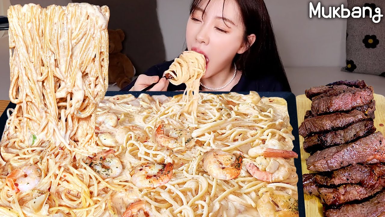 Спечистые креветные макароны и стейк говяди  ㅣREAL MUKBANG▶EATINGSHOWㅣREAL SOUNDㅣ ASMR MUKBANGㅣ
