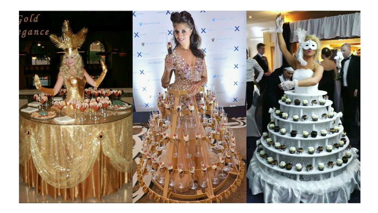 Strolling tables and champagne dress skirt (human table service)