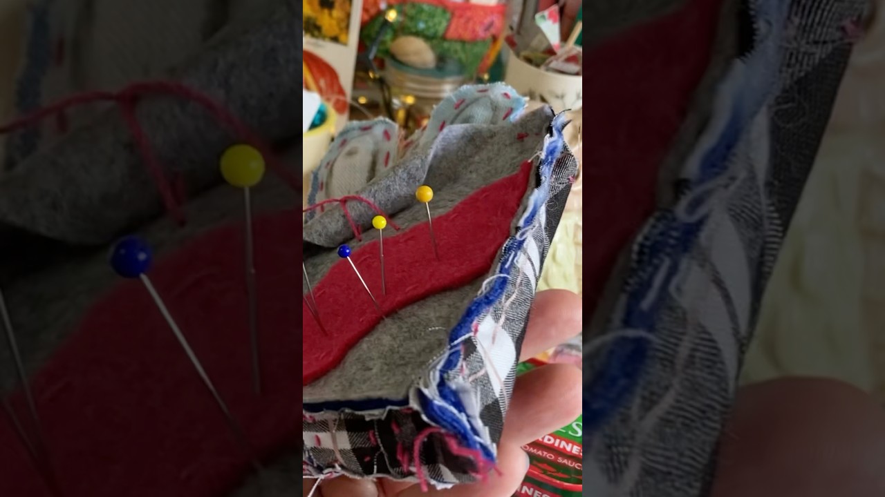 Slow stitch fabric sardine pin cushion #slowstitch #handsew #sardine #pincushion #shorts #howto