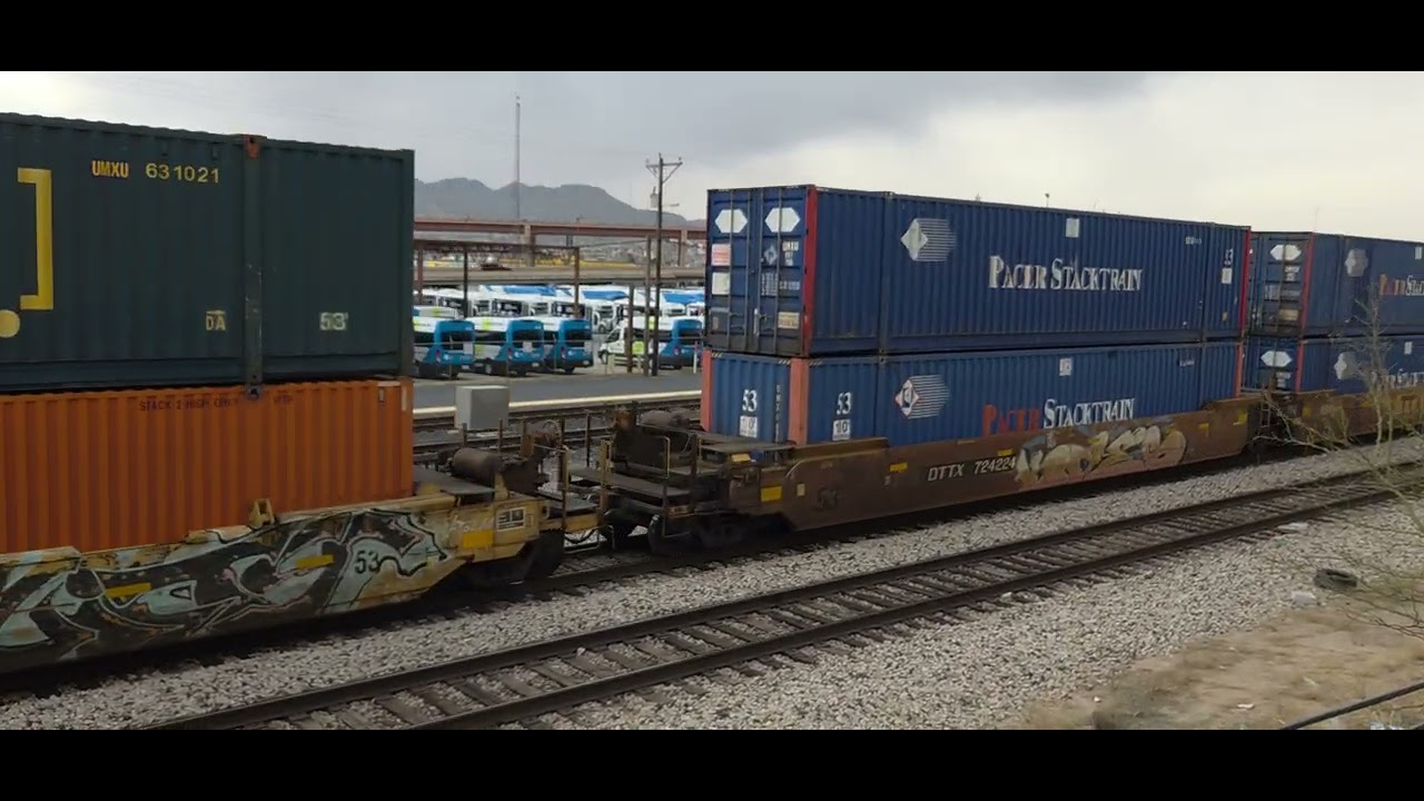Union Pacific eastbound monster intermodal train with two mid-train DPU'S in downtown El Paso TX 