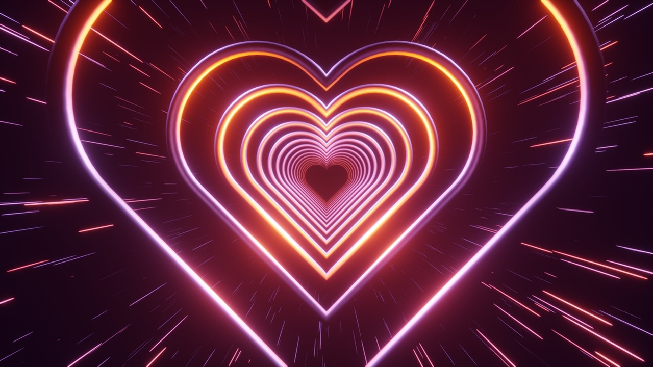 Neon Heart-Shaped Background. A Tunnel of Delicate-Colored Hearts. 4K 60fps Loop