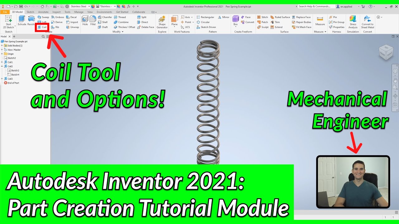 Coil Tool and Options - Autodesk Inventor Part Tutorial | Autodesk Inventor 2021 IN DEPTH