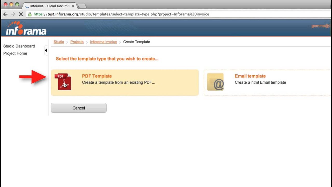 Document automation uploading template to Inforama
