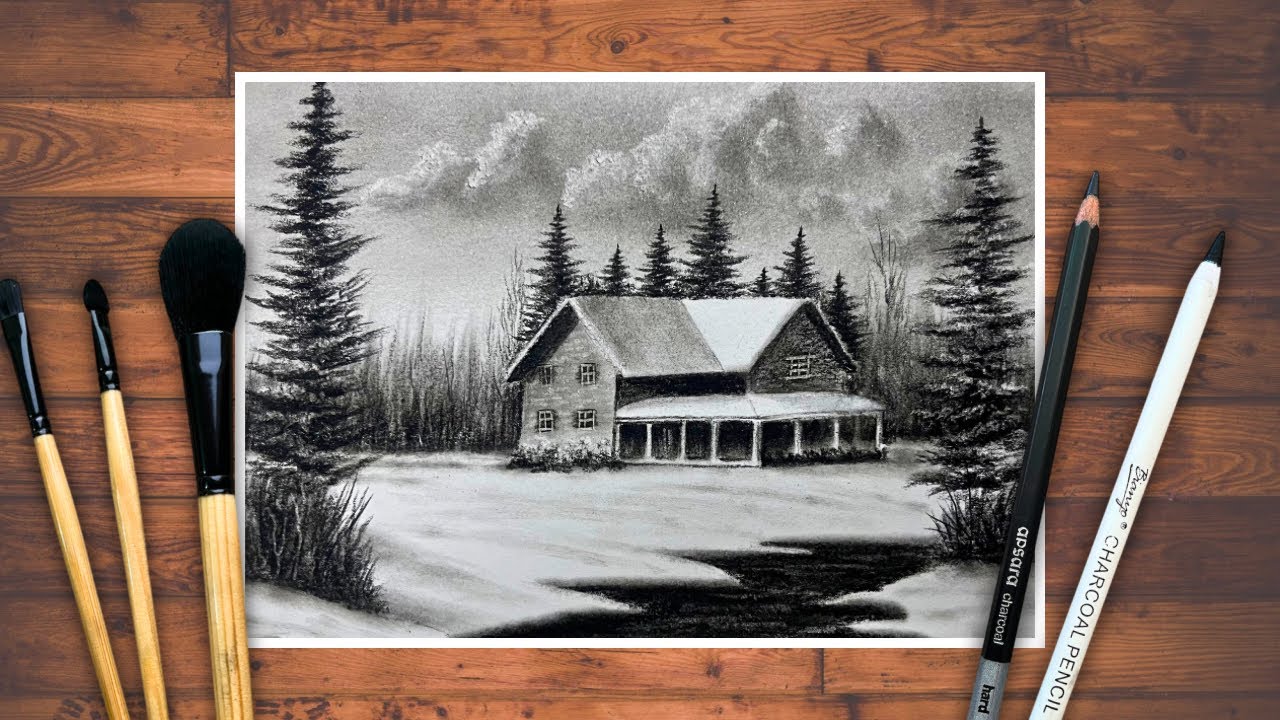 Realistic Snow House Drawing | Charcoal Winter Landscape Art