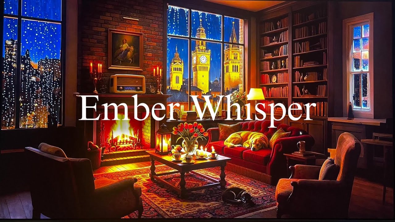 Ember Whisper | 4K Cozy Night Ambience with Fireplace, Rain, Soft City Sounds & Gentle Thunder #asmr