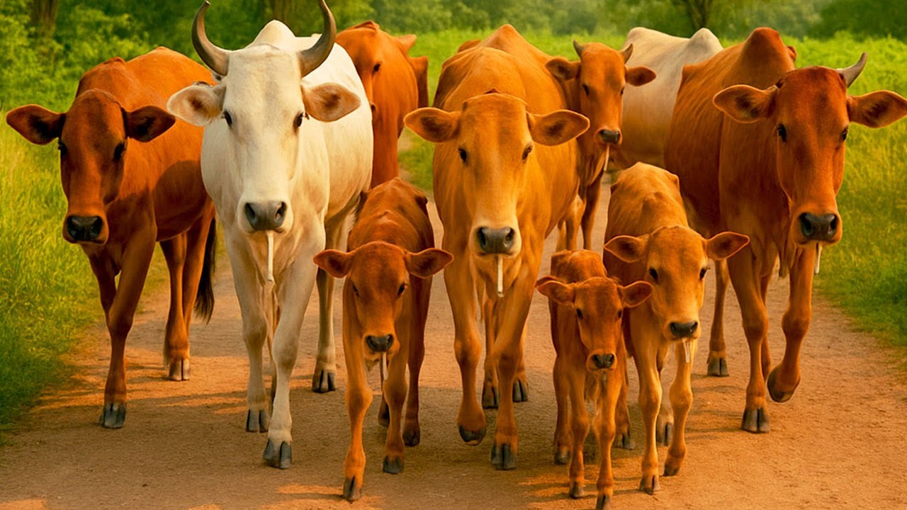 Ratusan Sapi Sedang Lari Menuju Kandang Peternakan - Sapi Jinak Berkembang Dan Bermain Di Sawah