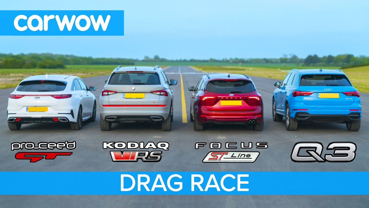 Skoda vRS v Audi Q3 v Ford Focus v Kia GT -  THE carwow garage DRAG RACE, ROLLING RACE & BRAKE TEST
