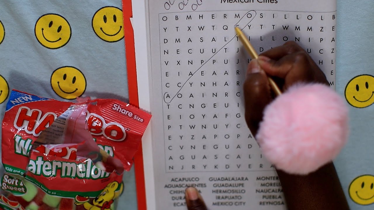 Haribo Watermelon Gummy ASMR Eating Sounds | Mexican Cities Word Search Puzzle
