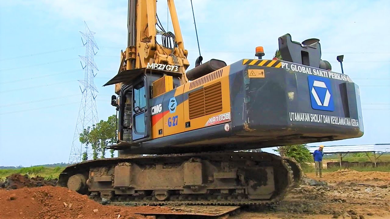 Excavator Crane Drilling Rig Digging Deep Foundation Hole For The Railway Construction