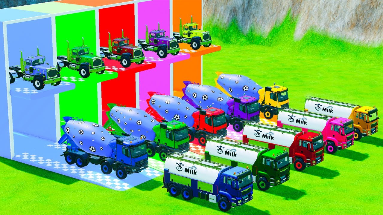 Garage with Colors - ALL MIXER TRUCK WITH DOUBLE FLATBED TRAILER TRUCK, FREIGHTLINER, SCANIA, MAN