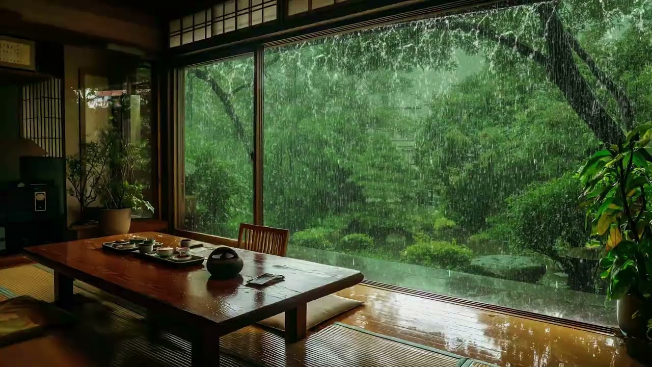 Japanese house rain with soft piano music peaceful sleep ambience at night