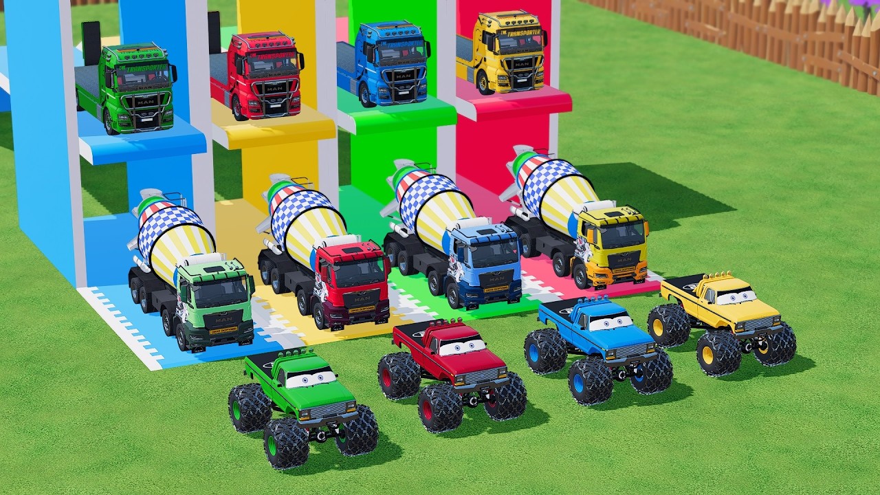 Garage with Colors - ALL MIXER TRUCK WITH DOUBLE FLATBED TRAILER TRUCK, MERCEDES, MAN, FUSO, HINO