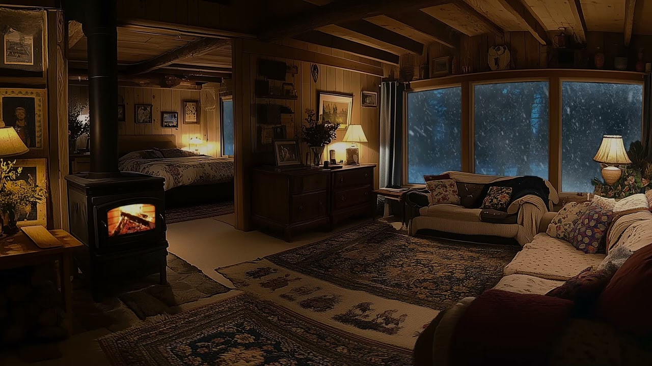 Warm Cozy Cabin in Snowstorm for Deep Sleep with Relaxing Burning Fireplace & Whistling Cold Wind