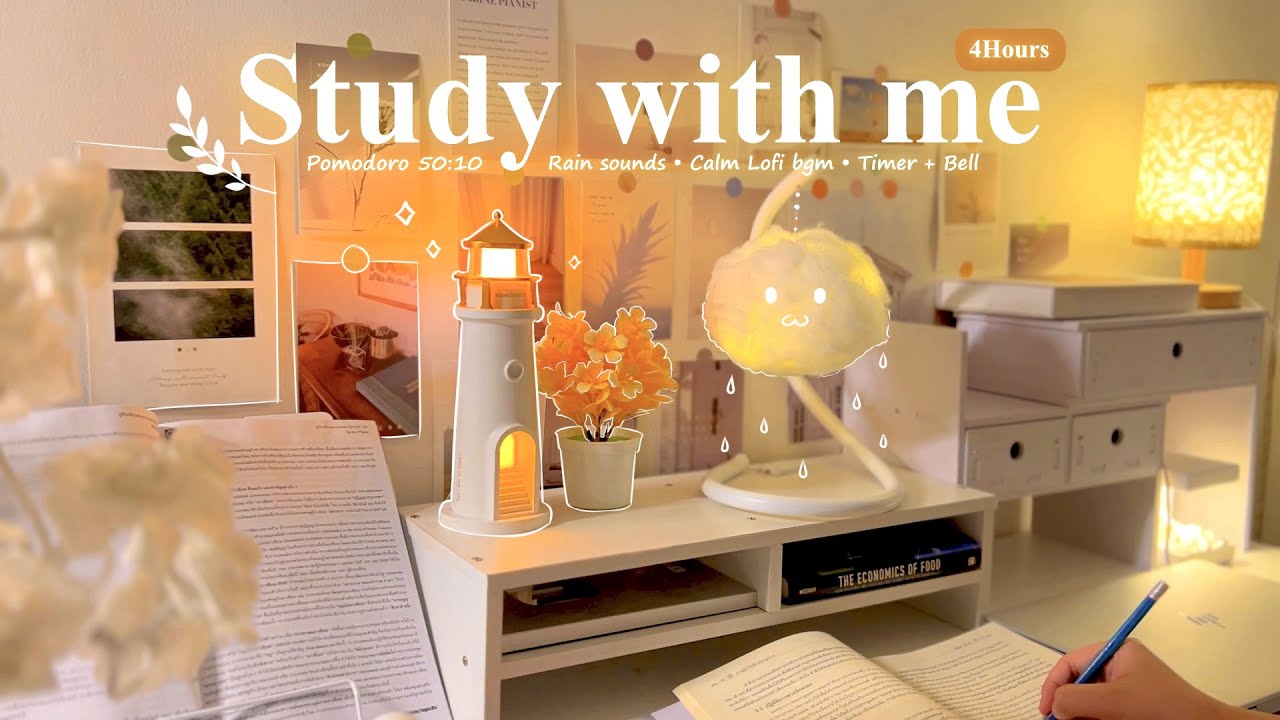 4-HOUR 🌥️ Study With Me • Rain sounds 🌧️ + Lofi bgm • Pomodoro 50-10 • Day244🌙