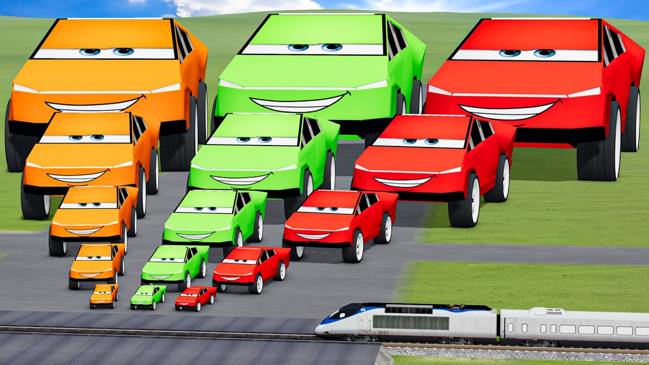 Big & Small Colors Tesla Cybertruck Lightning Mcqueen vs Trains | BeamNG.Drive